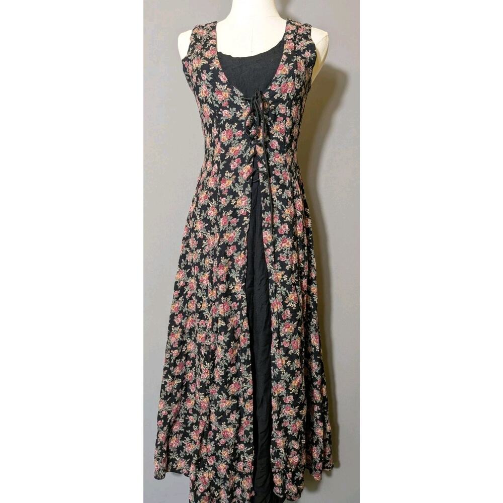 Nostalgia Floral Lace-Up Sz S Corset Maxi Dress Black Pink Romantic Cottagecore